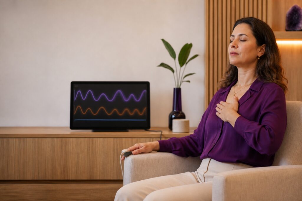 Pessoa realizando Biofeedback Cardíaco com sensor de variabilidade da frequência cardíaca