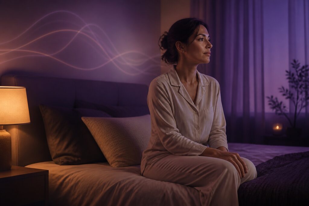 Mulher em um quarto tranquilo preparando-se para dormir