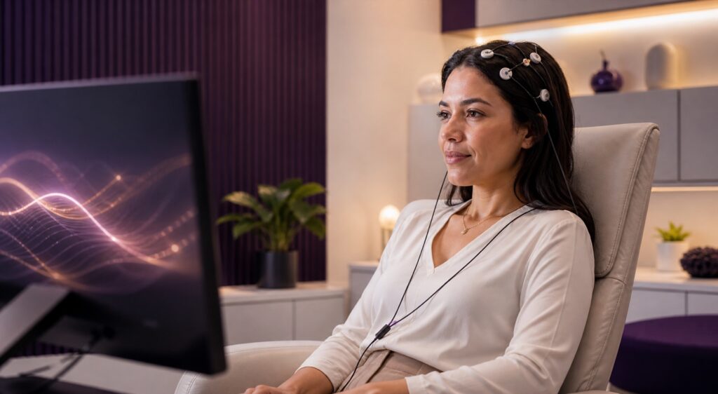 Mulher realizando treinamento de Neurofeedback com sensores de EEG em ambiente clínico