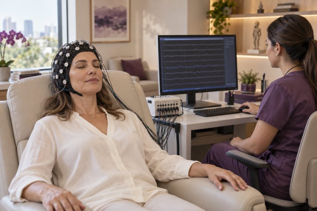 Cena ilustrativa de mulher em registro de EEG com acompanhamento profissional