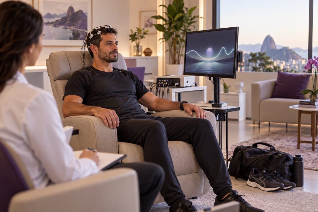 Atleta relaxando durante uma sessão de Neurofeedback para foco e desempenho