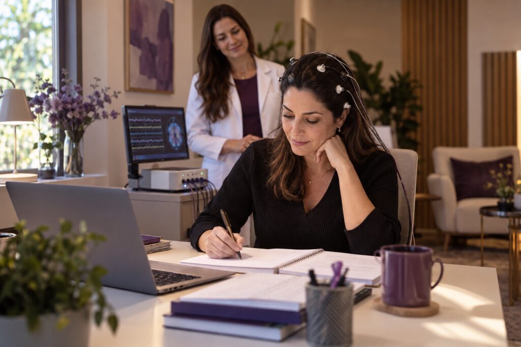 Mulher adulta estudando para concurso com material de estudo e acompanhamento de Neurofeedback