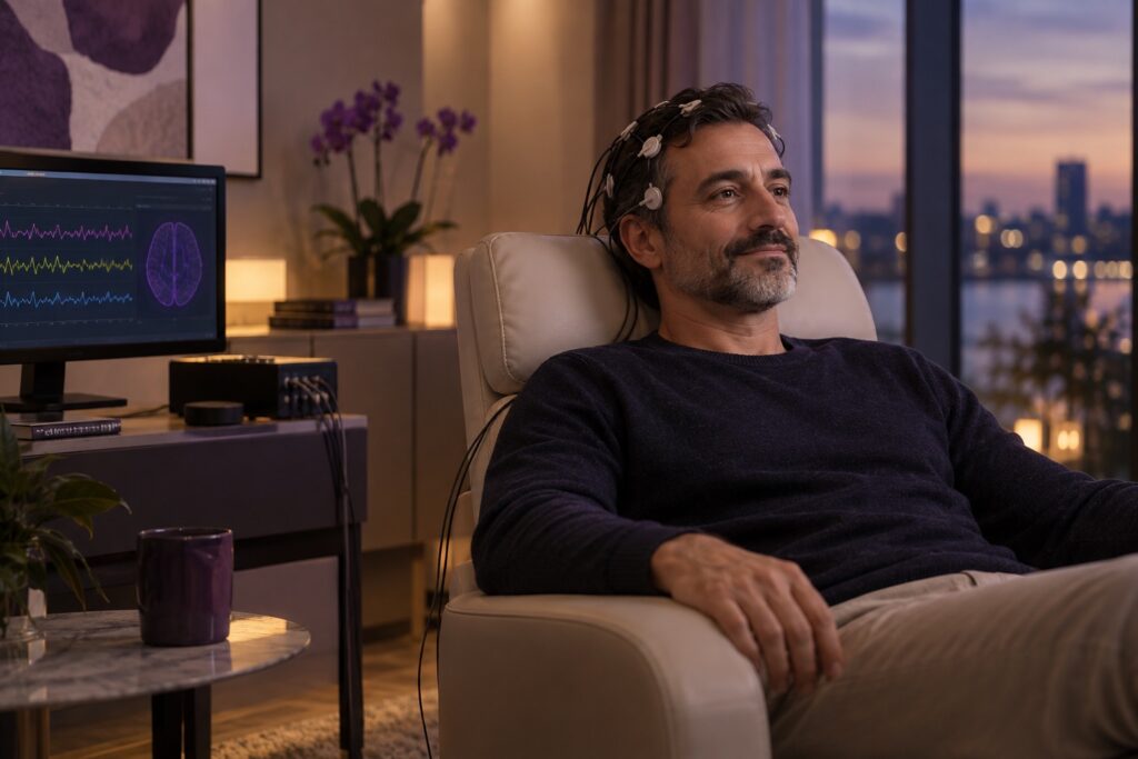 Homem adulto relaxando durante uma sessão de Neurofeedback em ambiente acolhedor
