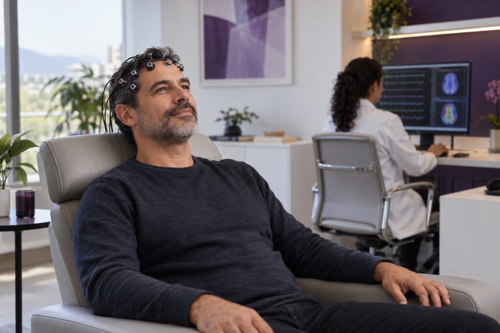 Homem relaxando durante uma sessão de Neurofeedback para autorregulação do estresse
