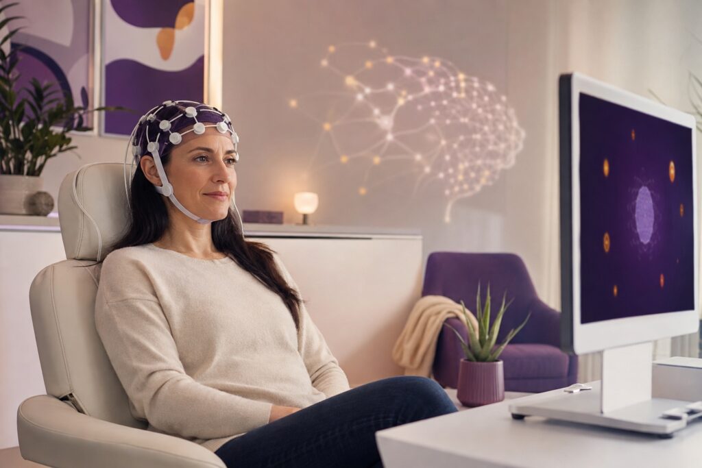 Mulher realizando treinamento de Neurofeedback relacionado à memória e aprendizagem em ambiente clínico