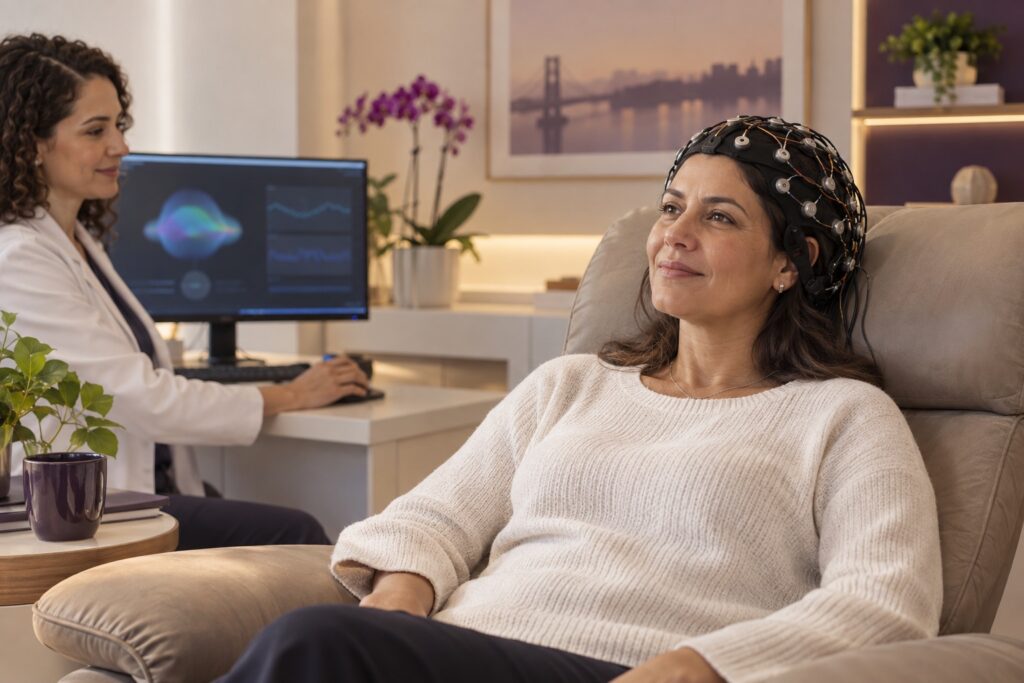 Mulher relaxada durante uma sessão de Neurofeedback acompanhada por uma profissional