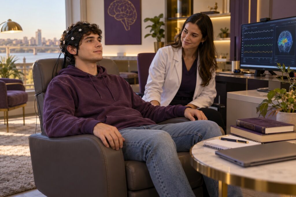 Estudante universitário em sessão de Neurofeedback para desenvolver foco, memória e organização