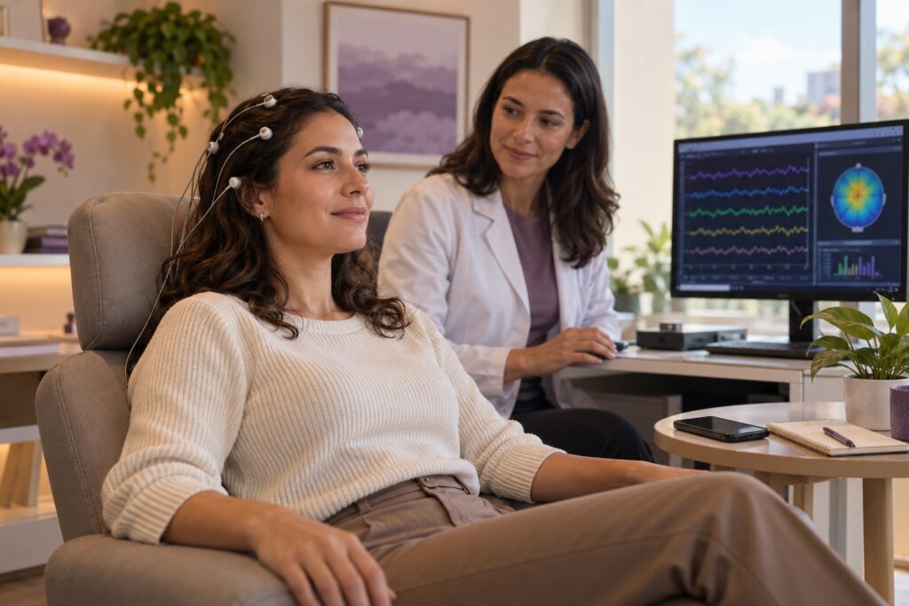 Mulher em sessão de Neurofeedback para desenvolver foco, iniciativa e organização mental